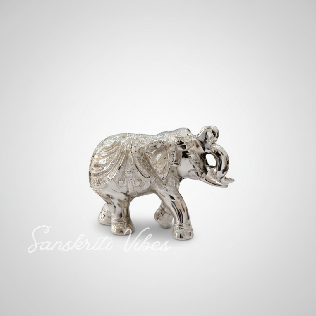 Decorative Silver Elephant Trunk Up Silver Plated Metal Statue Intricately Carved Figurine (12 cm x 9.5 cm) - Retail Maharaj