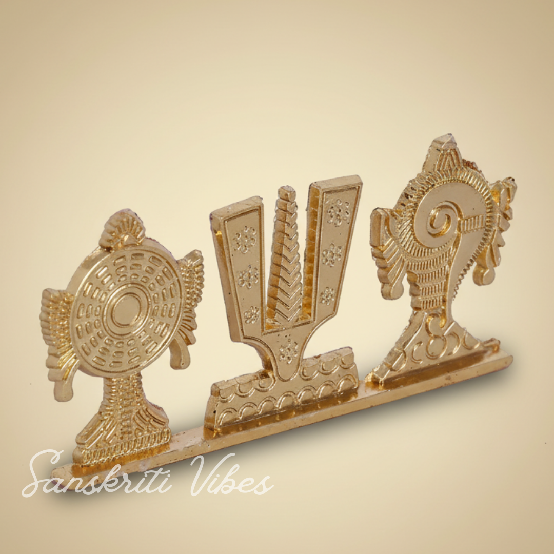 Tirupati Balaji Shankh Chakra Namah Symbol Stand | Gold-Plated Antique Decorative Idol for Car Dashboard & Home Temple - Retail Maharaj