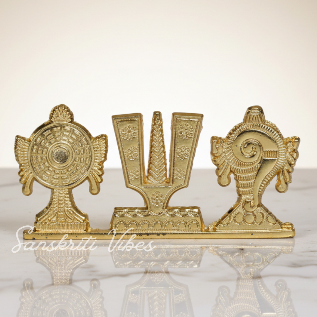 Tirupati Balaji Shankh Chakra Namah Symbol Stand | Gold-Plated Antique Decorative Idol for Car Dashboard & Home Temple - Retail Maharaj
