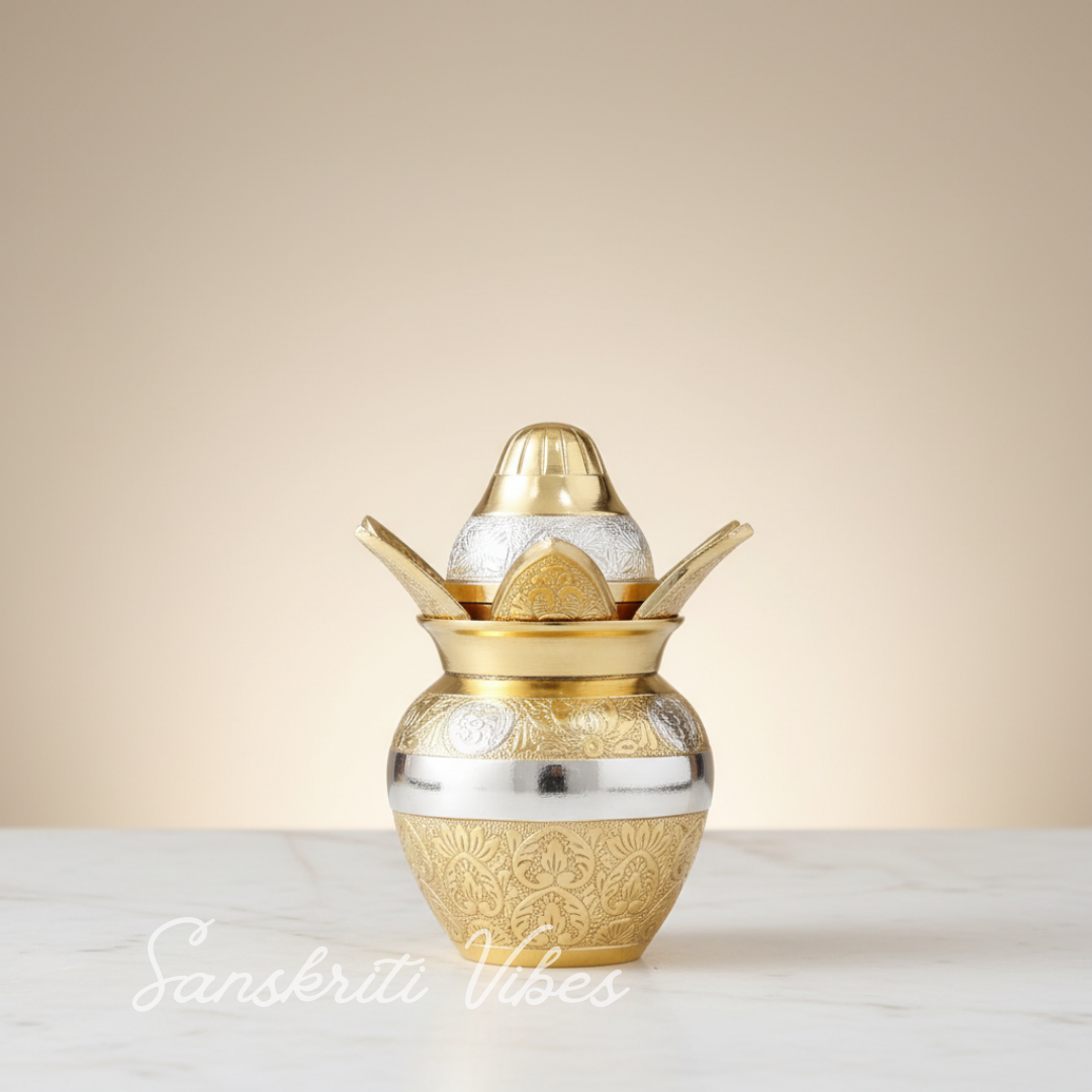 Gold-Silver Plated Pooja Kalash with Coconut and Leaves Decorative Kalash with Royal Velvet Box for Home and Temple (Pack of 1) - Retail Maharaj