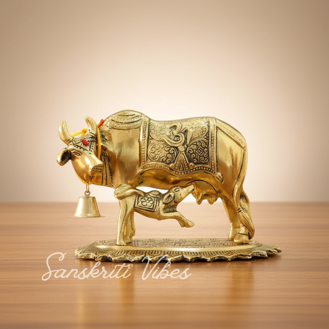 Metal Om Kamdhenu Cow and Calf Statue Religious Gau Mata Idol for Home and Office Décor - Retail Maharaj