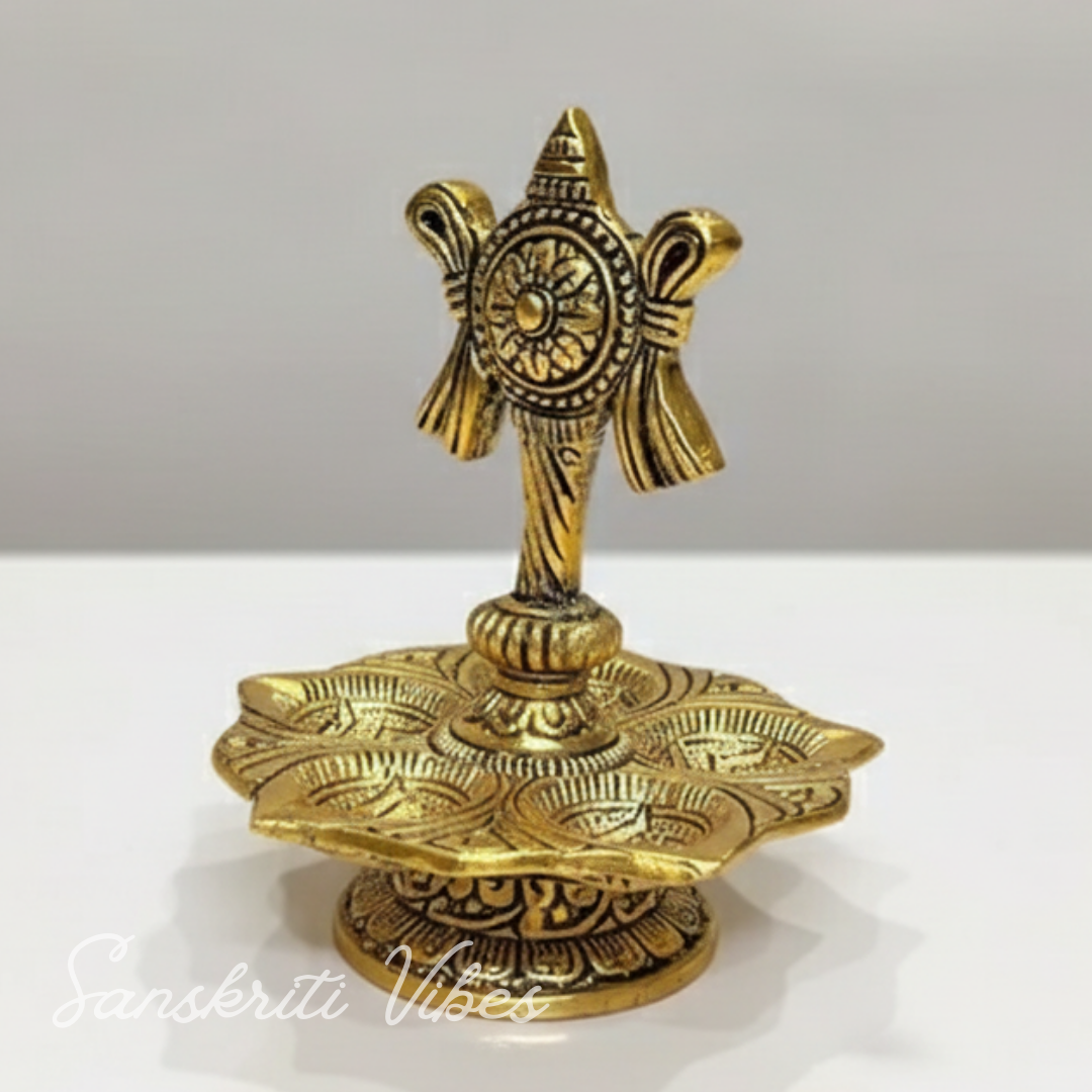Tirupati Balaji Panch Mukhi Diya with Chakra Stand | Gold-Plated 5 Batti Metal Diya for Home & Office Pooja Room Decoration - Retail Maharaj