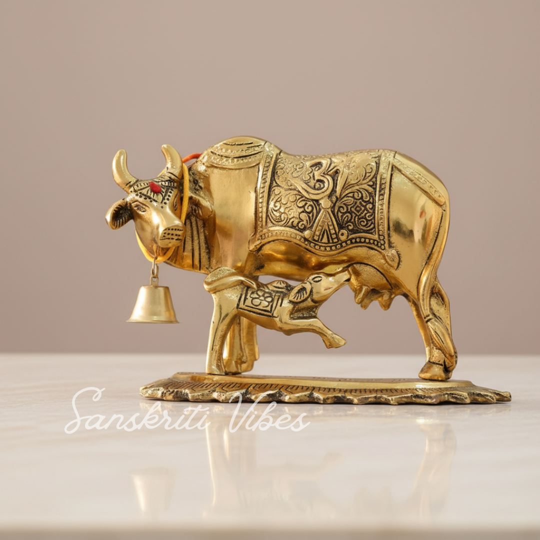Metal Om Kamdhenu Cow and Calf Statue Religious Gau Mata Idol for Home and Office Décor - Retail Maharaj