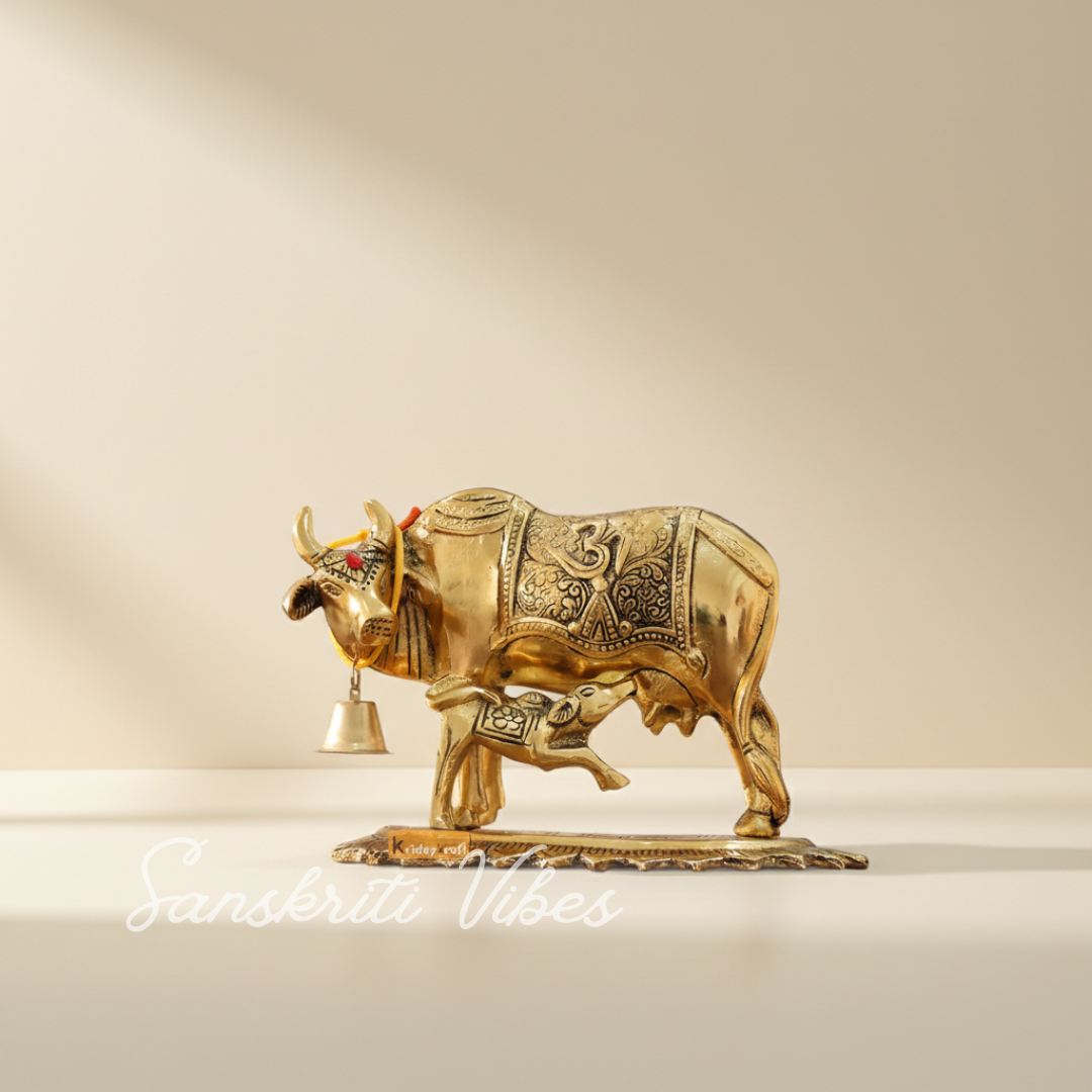 Metal Om Kamdhenu Cow and Calf Statue Religious Gau Mata Idol for Home and Office Décor - Retail Maharaj