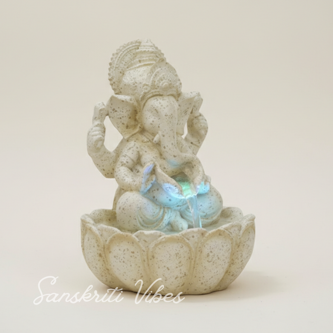 Lotus Ganesh Off White Waterfall Design Table Top Colour Changing Lights Fountain Polyresin Showpiece for Home Décor (26 cm) - Retail Maharaj
