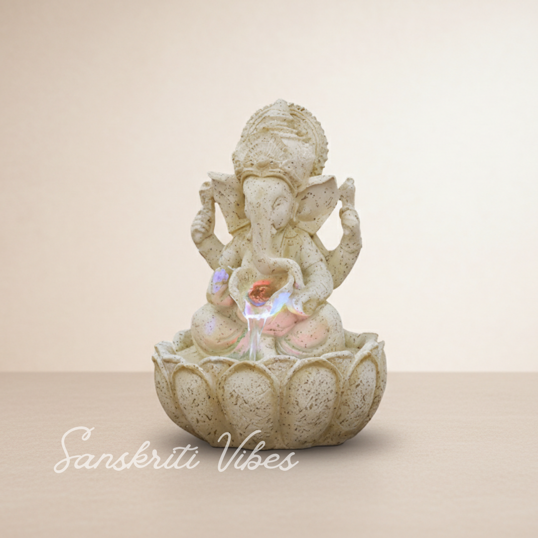 Lotus Ganesh Off White Waterfall Design Table Top Colour Changing Lights Fountain Polyresin Showpiece for Home Décor (26 cm) - Retail Maharaj
