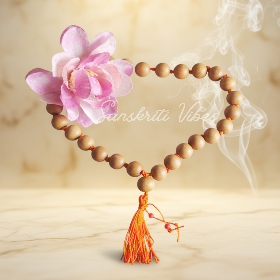 Original Sandalwood Japa Mala 27 Plus 1 Beads White Sandalwood Prayer Mala for Meditation and Mantra Chanting 12mm