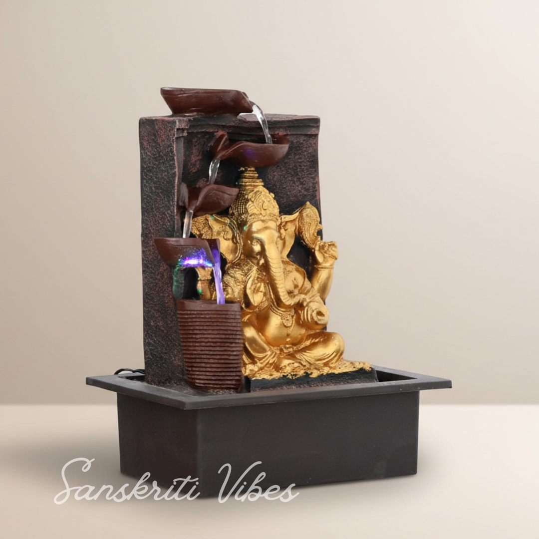 Big Ganesh Waterfall Design Table Top Colour Changing Lights Fountain Polyresin Showpiece for Home Décor (38 cm) - Retail Maharaj
