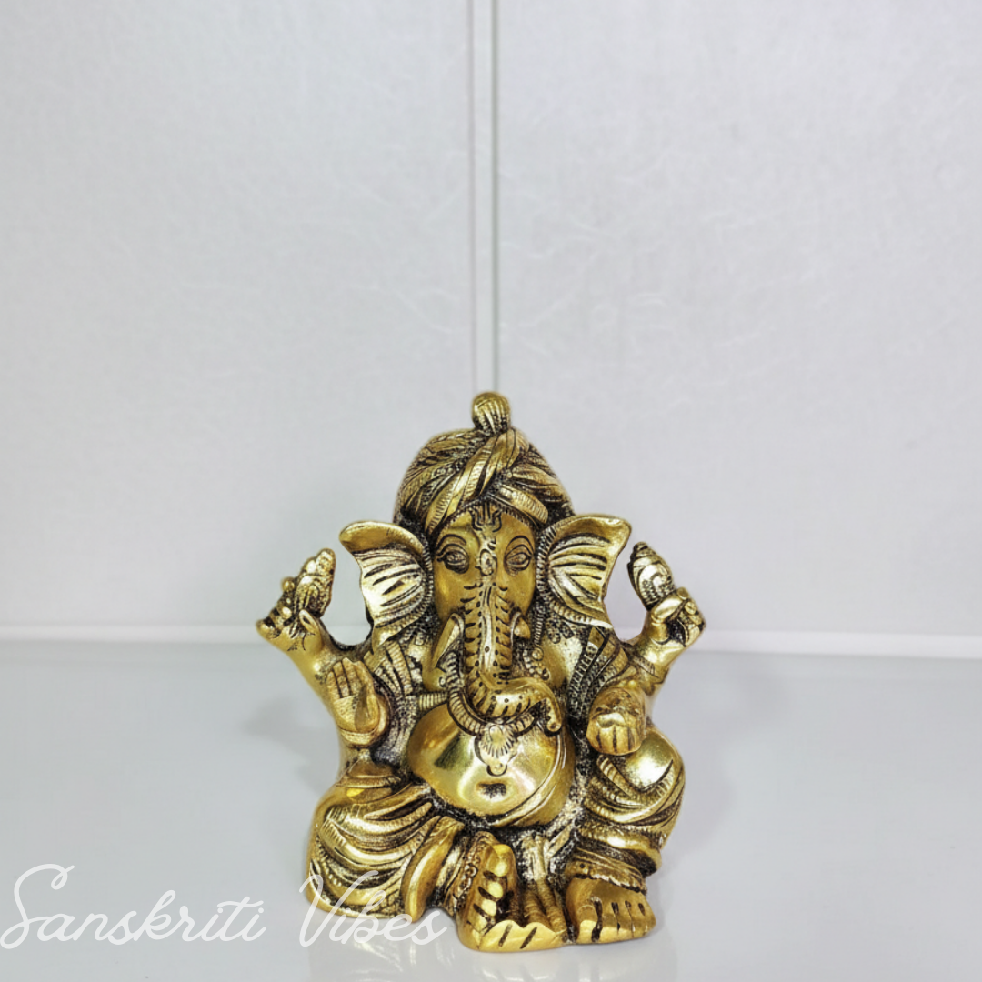 Metal Ganesha Statue Hindu God Ganesh Ganpati Sitting Idol Sculpture Good Luck Success For Home Puja Gifts (Size: 6.5 X 6 Inches) - Retail Maharaj