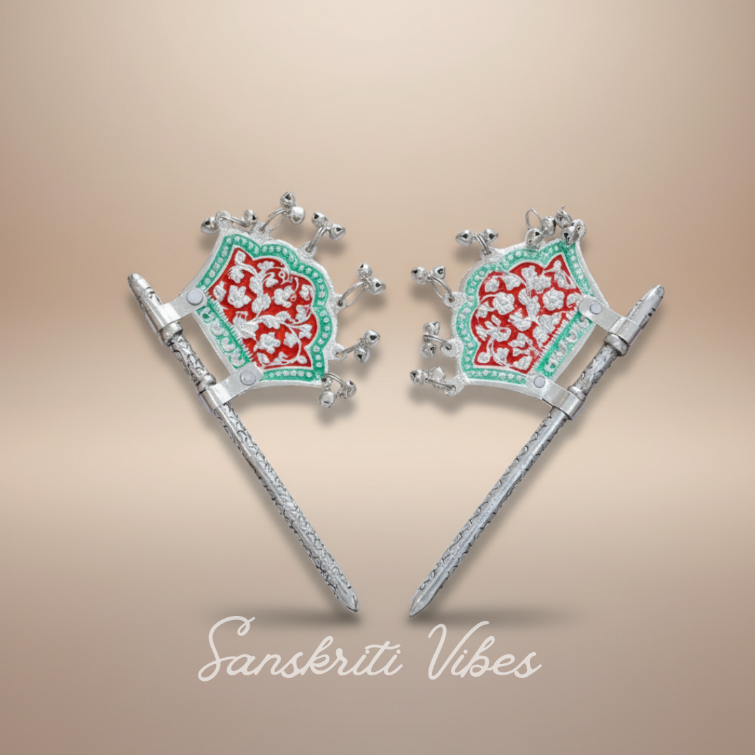 Traditional God Fan Silver-Plated Metal Hand Fan Pankhi with Red and Green Meenakari Work for God Idol - Retail Maharaj