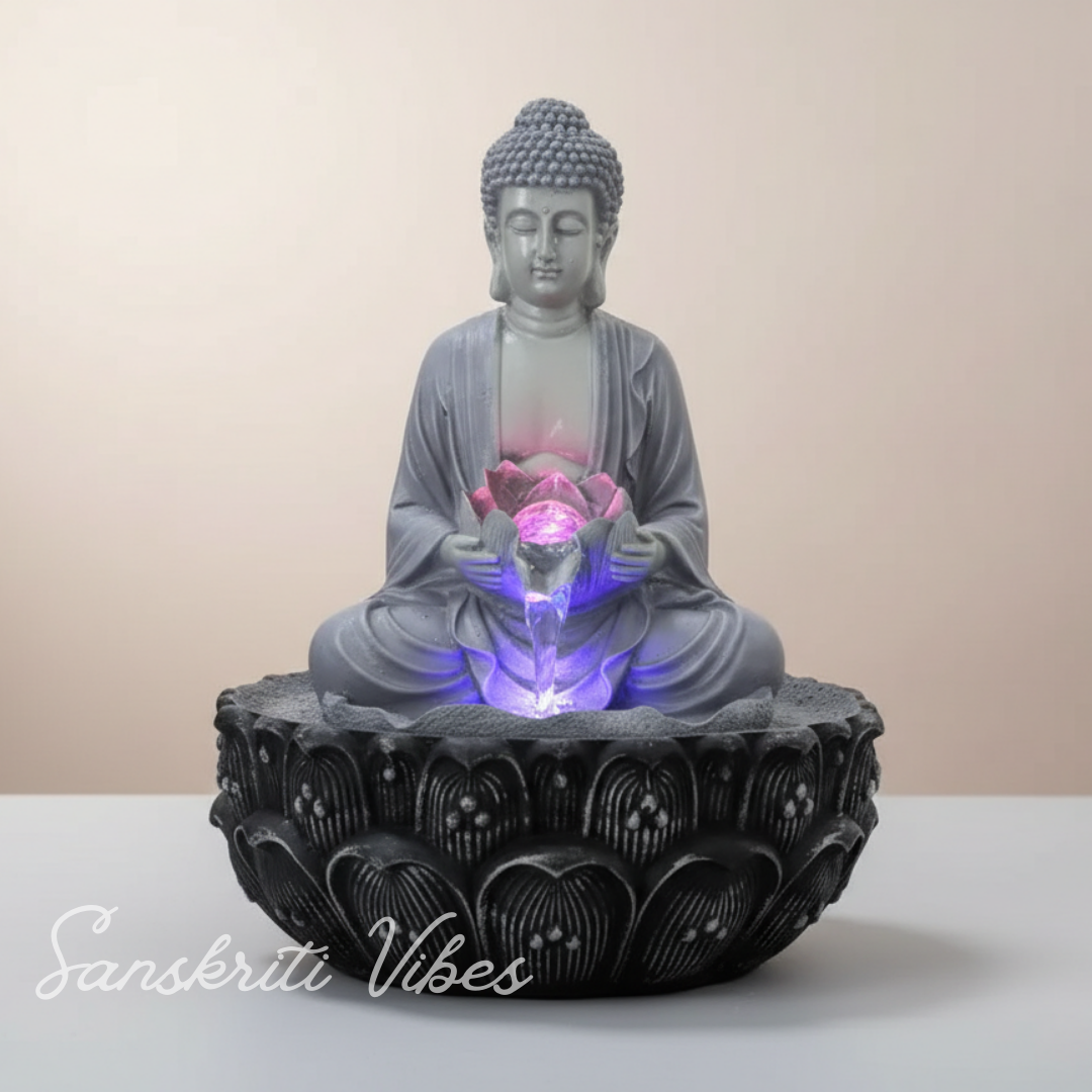 Meditating Buddha Water Fountain Idol Polyresin Lotus Water Fountain Showpiece for Home Garden Living Room Decor Decoration Gift Items, 24 CM - Retail Maharaj