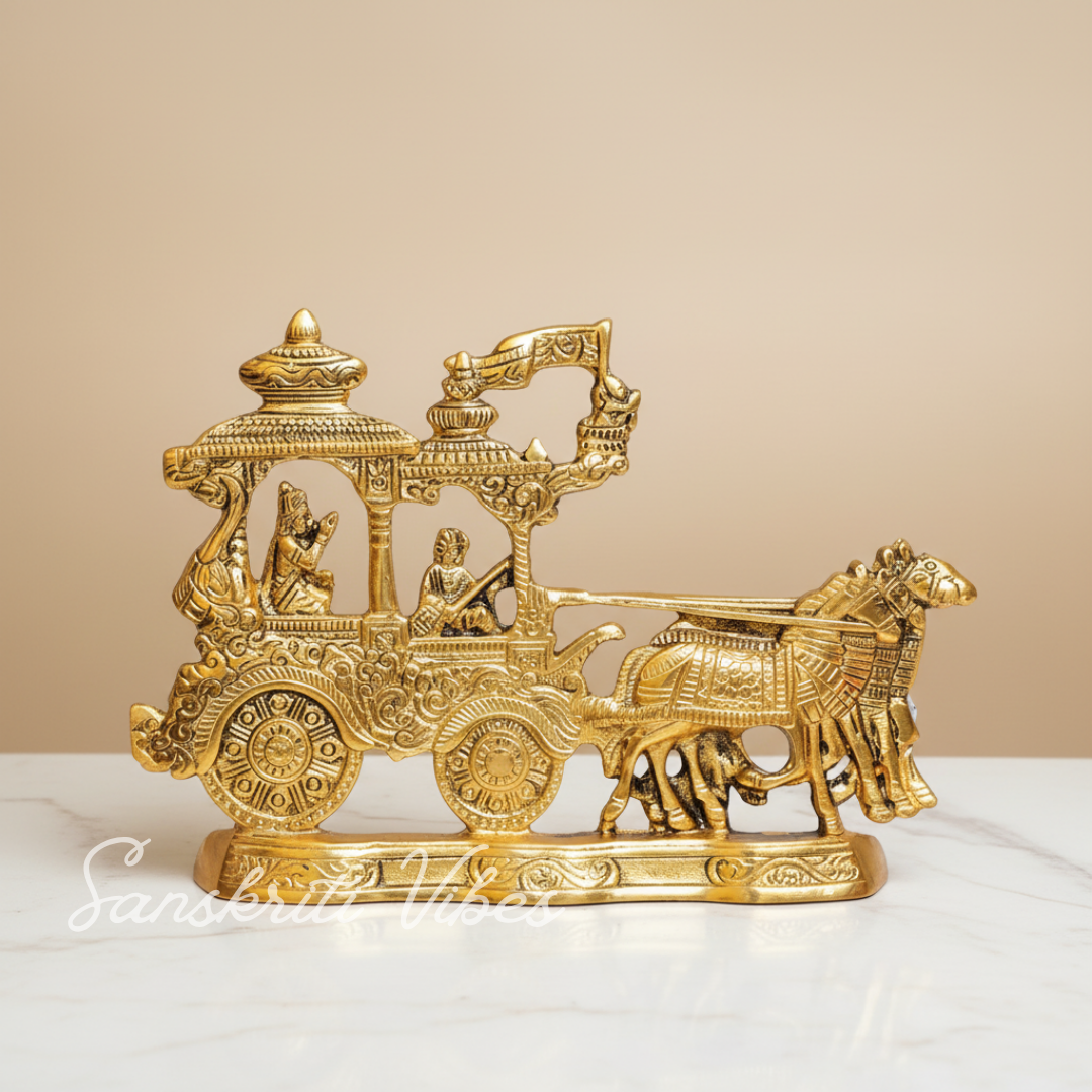 Lord Krishna and Arjun Rath Chariot with Two Horses – Metal Decorative Showpiece for Home Temple & Pooja by Sanskriti Vibes | Glossy Finish - Retail Maharaj