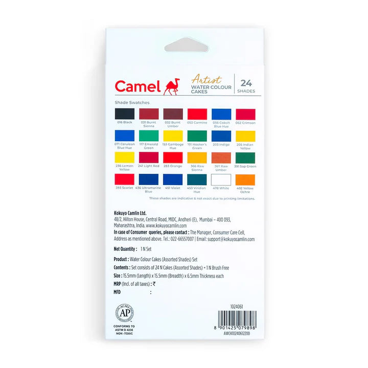 Camel Artist Water Colours Assorted box of cakes, 24 shades with Brush - Retail Maharaj