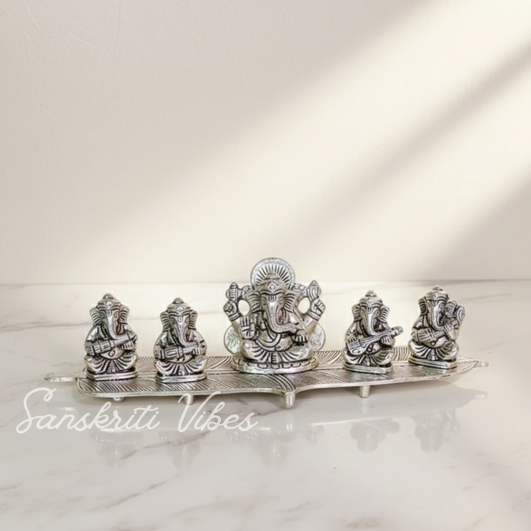 White Metal 5 Ganesh Silver Plated With Musical Instrument On Leaf For Home Decor Musical Ganesha - Retail Maharaj