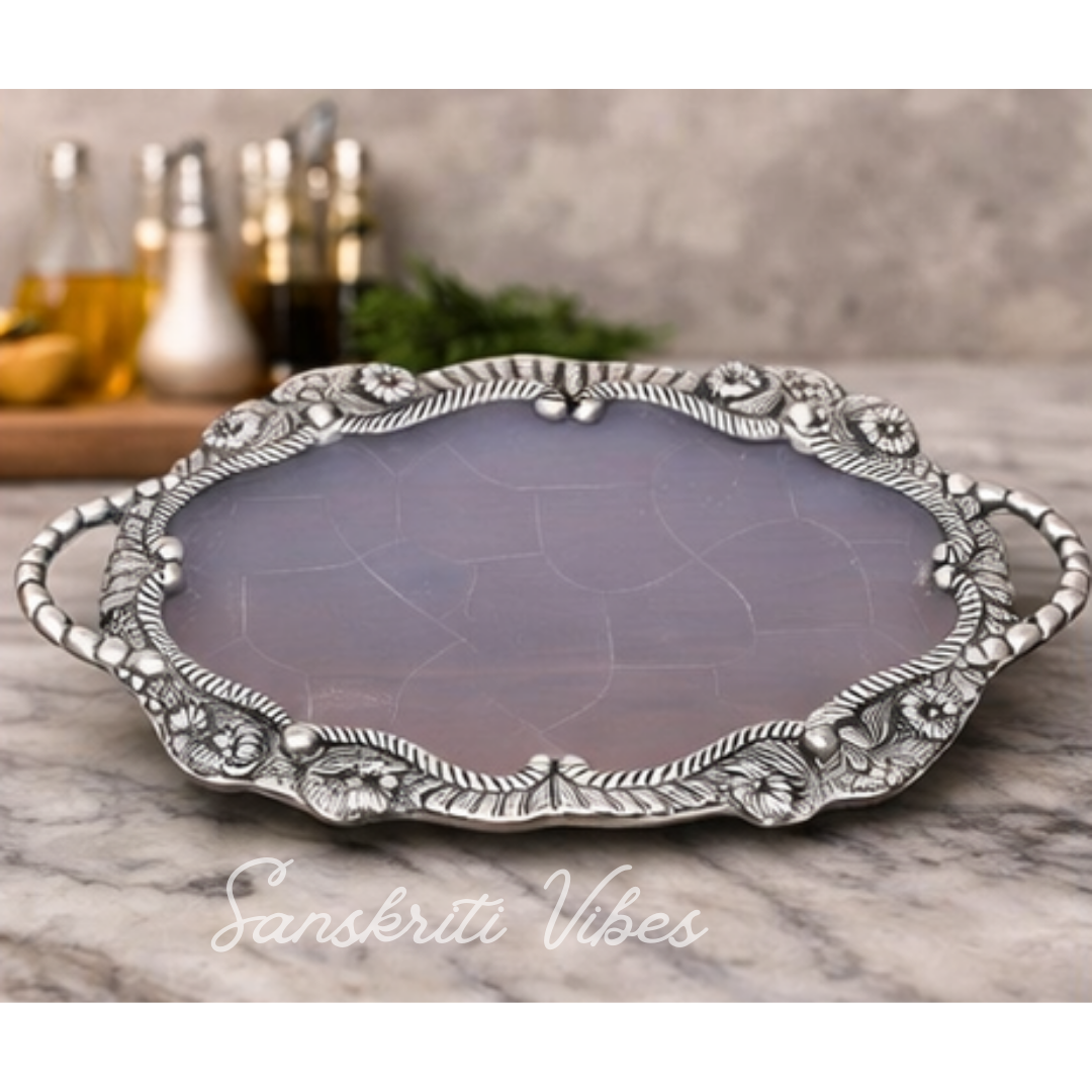 Decorative Fiber Tray with Metal Floral Border Round Serving and Decorative Tray (25 cm Diameter) - Retail Maharaj