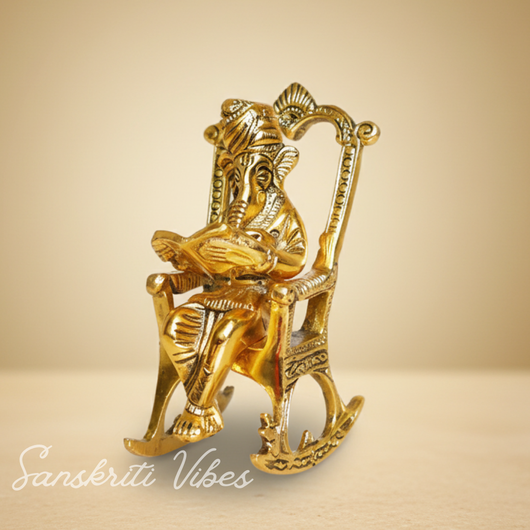 Metal Ganesha Sitting on Moving Chair Reading Ramayan – Handcrafted Ganpati Decorative Statue for Home & Office (Glossy Finish, Made in India)