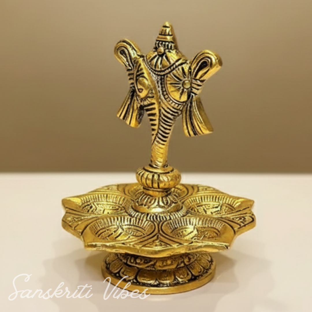 Tirupati Balaji Panch Mukhi Diya with Shanku Stand | Gold-Plated 5 Batti Metal Diya for Home & Office Pooja Room Decoration - Retail Maharaj