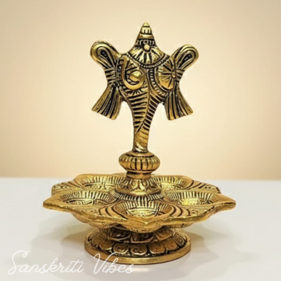 Tirupati Balaji Panch Mukhi Diya with Shanku Stand | Gold-Plated 5 Batti Metal Diya for Home & Office Pooja Room Decoration - Retail Maharaj