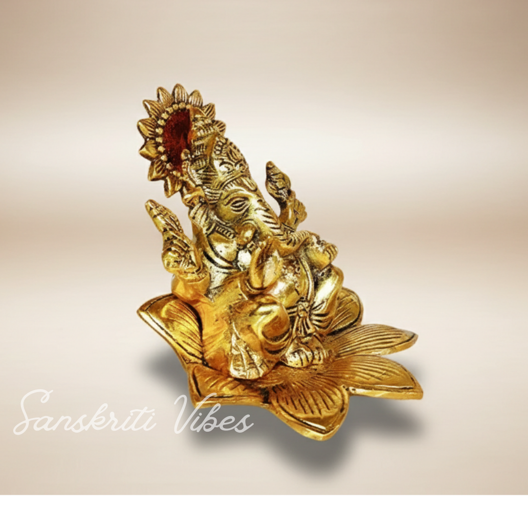 Metal Ganesh Sitting On Flower Gold Color Leaf For Pooja - Retail Maharaj