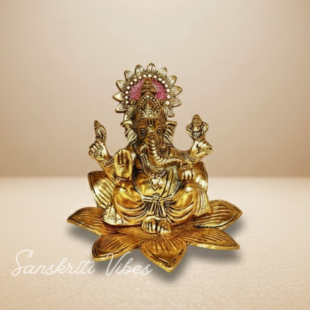 Metal Ganesh Sitting On Flower Gold Color Leaf For Pooja - Retail Maharaj