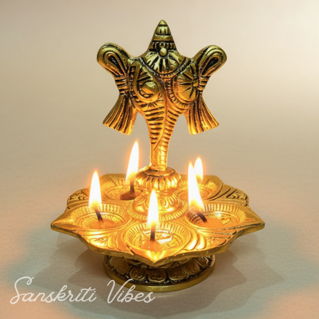Tirupati Balaji Panch Mukhi Diya with Shanku Stand | Gold-Plated 5 Batti Metal Diya for Home & Office Pooja Room Decoration - Retail Maharaj