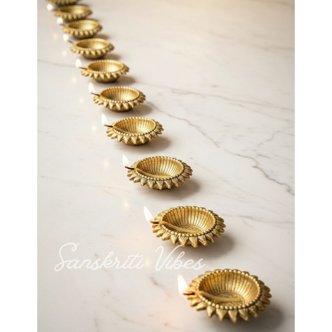 Decorative Sunflower Diya Set Gold-Plated Metal Traditional Festival Oil Lamps (Pack of 6 Pcs) - Retail Maharaj