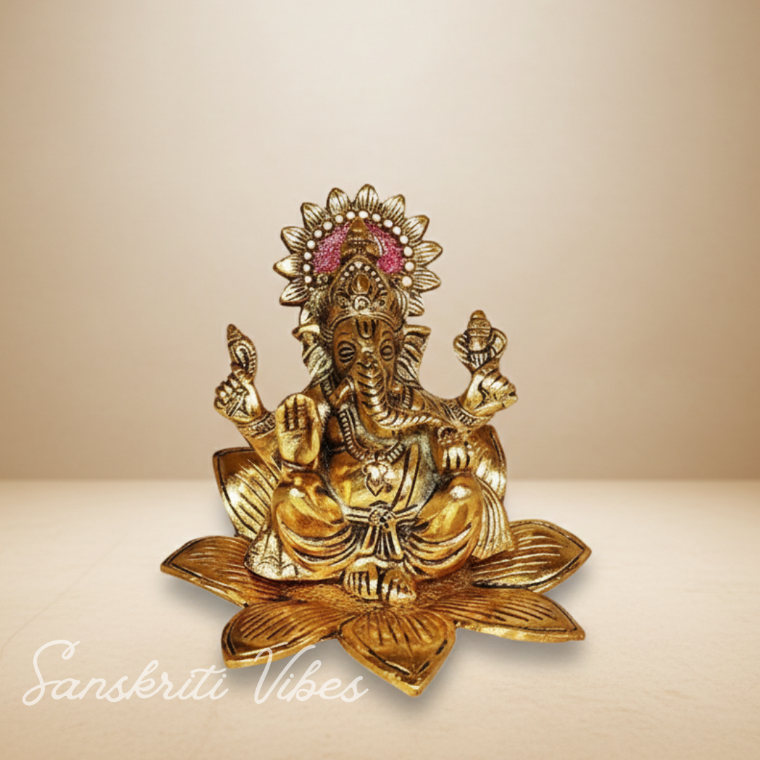Metal Ganesh Sitting On Flower Gold Color Leaf For Pooja - Retail Maharaj