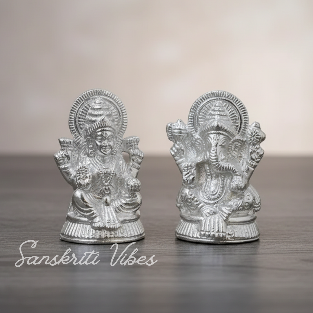 Metal Lakshmi & Ganesha Idol Pair Silver-Finish Mini Statues (7.5 cm × 4 cm Each), 160 g Auspicious Home Puja Decor & Diwali Gift - Retail Maharaj