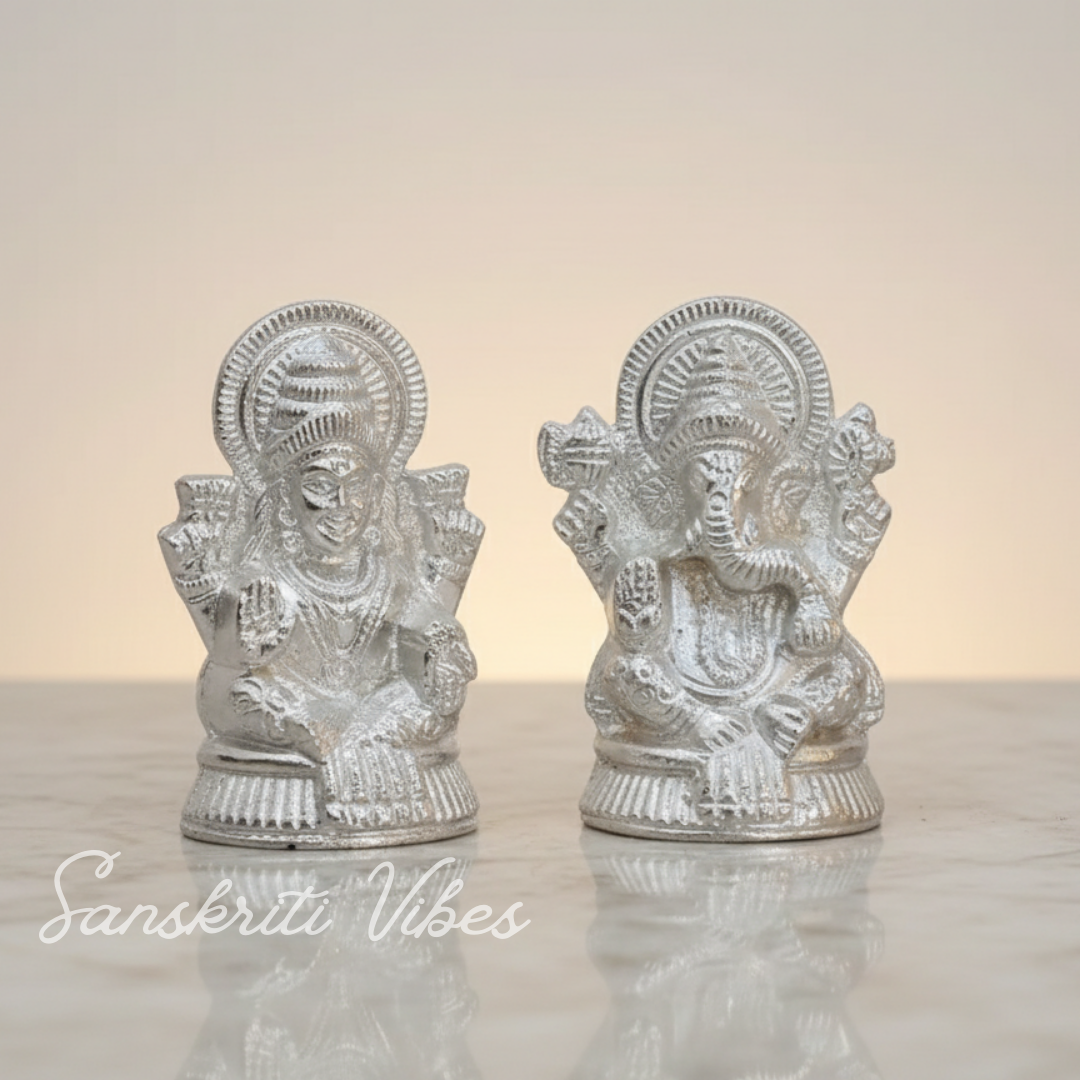 Metal Lakshmi & Ganesha Idol Pair Silver-Finish Mini Statues (7.5 cm × 4 cm Each), 160 g Auspicious Home Puja Decor & Diwali Gift - Retail Maharaj
