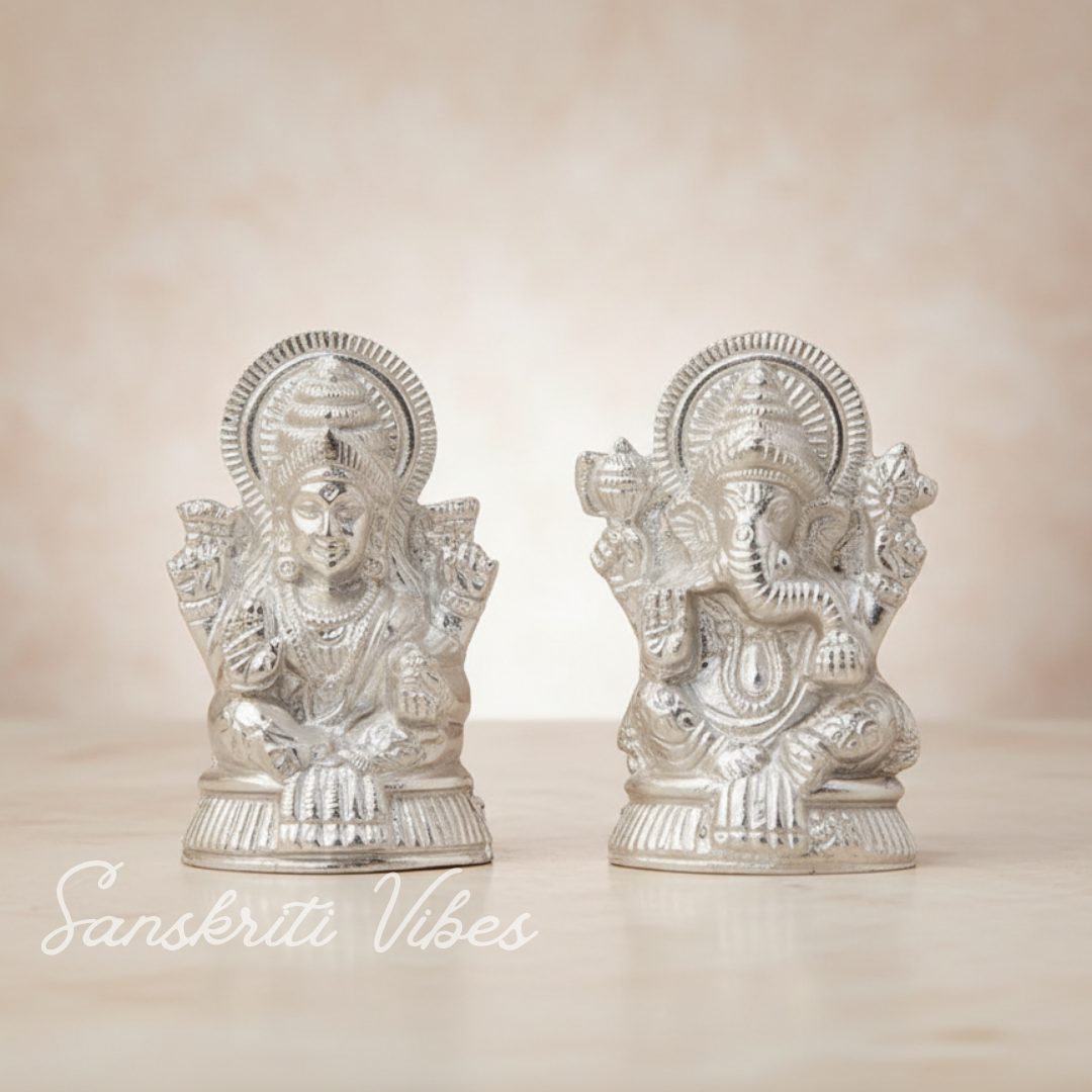 Metal Lakshmi & Ganesha Idol Pair Silver-Finish Mini Statues (7.5 cm × 4 cm Each), 160 g Auspicious Home Puja Decor & Diwali Gift - Retail Maharaj