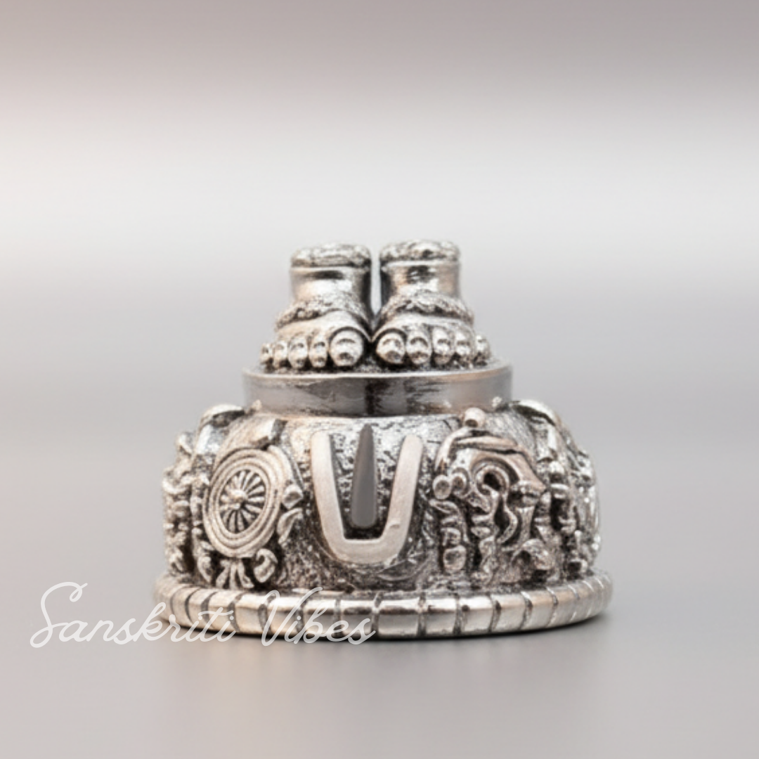 Tirupati Balaji Vishnu Charan Paduka Silver-Plated | Venkateswara Swami Shankh Chakra Tilak Namah Symbol for Home Temple & Car Dashboard - Retail Maharaj