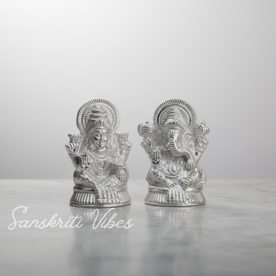 Metal Lakshmi & Ganesha Idol Pair Silver-Finish Mini Statues (7.5 cm × 4 cm Each), 160 g Auspicious Home Puja Decor & Diwali Gift - Retail Maharaj