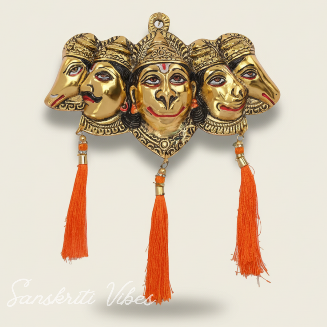 Metal Panchmukhi Hanuman Ji Murti for Door Entrance Statue Wall Hanging Showpiece with Silk Latakan in Gold Finish - Sanskriti Vibes - Retail Maharaj