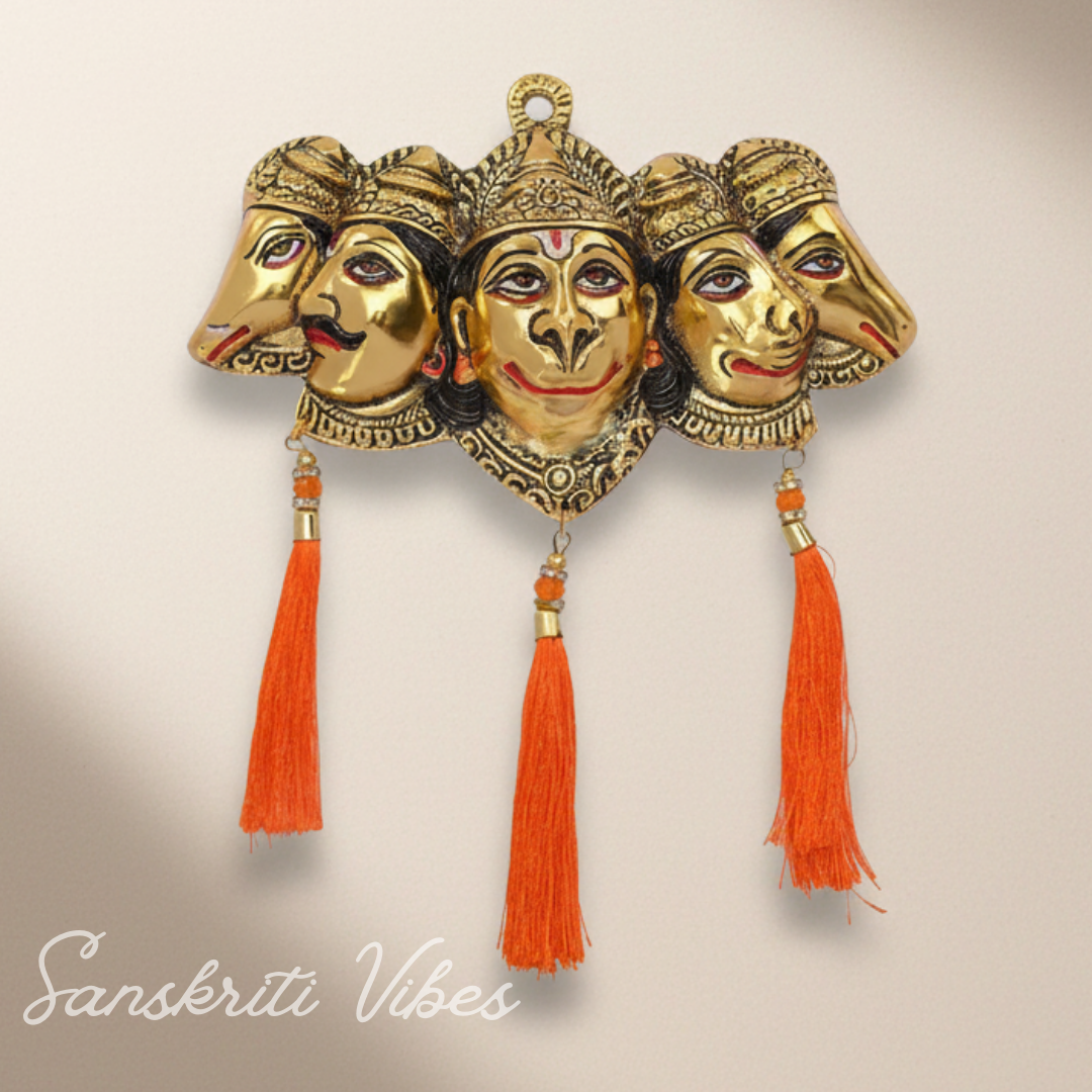 Metal Panchmukhi Hanuman Ji Murti for Door Entrance Statue Wall Hanging Showpiece with Silk Latakan in Gold Finish - Sanskriti Vibes - Retail Maharaj