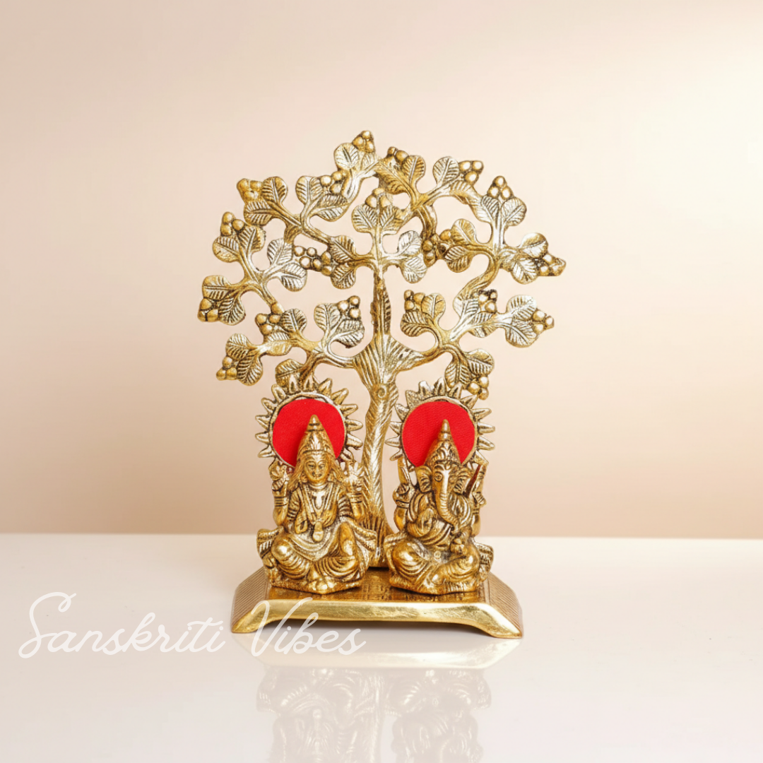 Metal Laxmi Ganesha Murti Under Tree - Showpiece for Pooja Room, Table Decoration, and Gift for All Occasions - Retail Maharaj