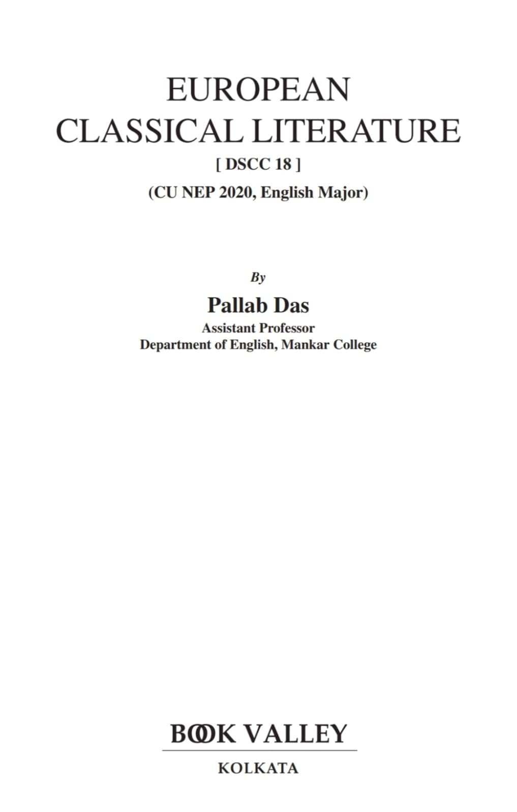 European Classical Literature ENG-H-DSC 18 (Major Course), Semester 7 (English Version)