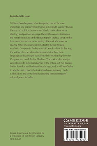 Hindu Nationalism and the Language of Politics in Late Colonial India: 11 (Cambridge Studies in Indian History and Society) - Retail Maharaj