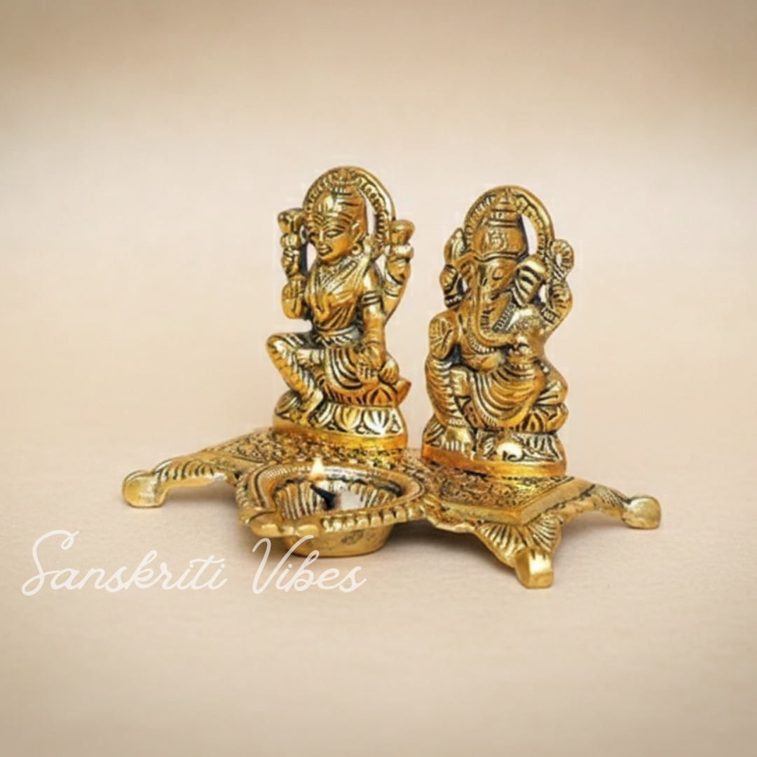 Metal Laxmi Ganesh Statue/Murti for Pooja Room & Home Office Décor, Laxmi Ganesha Diya Idol for Diwali Gift - Retail Maharaj