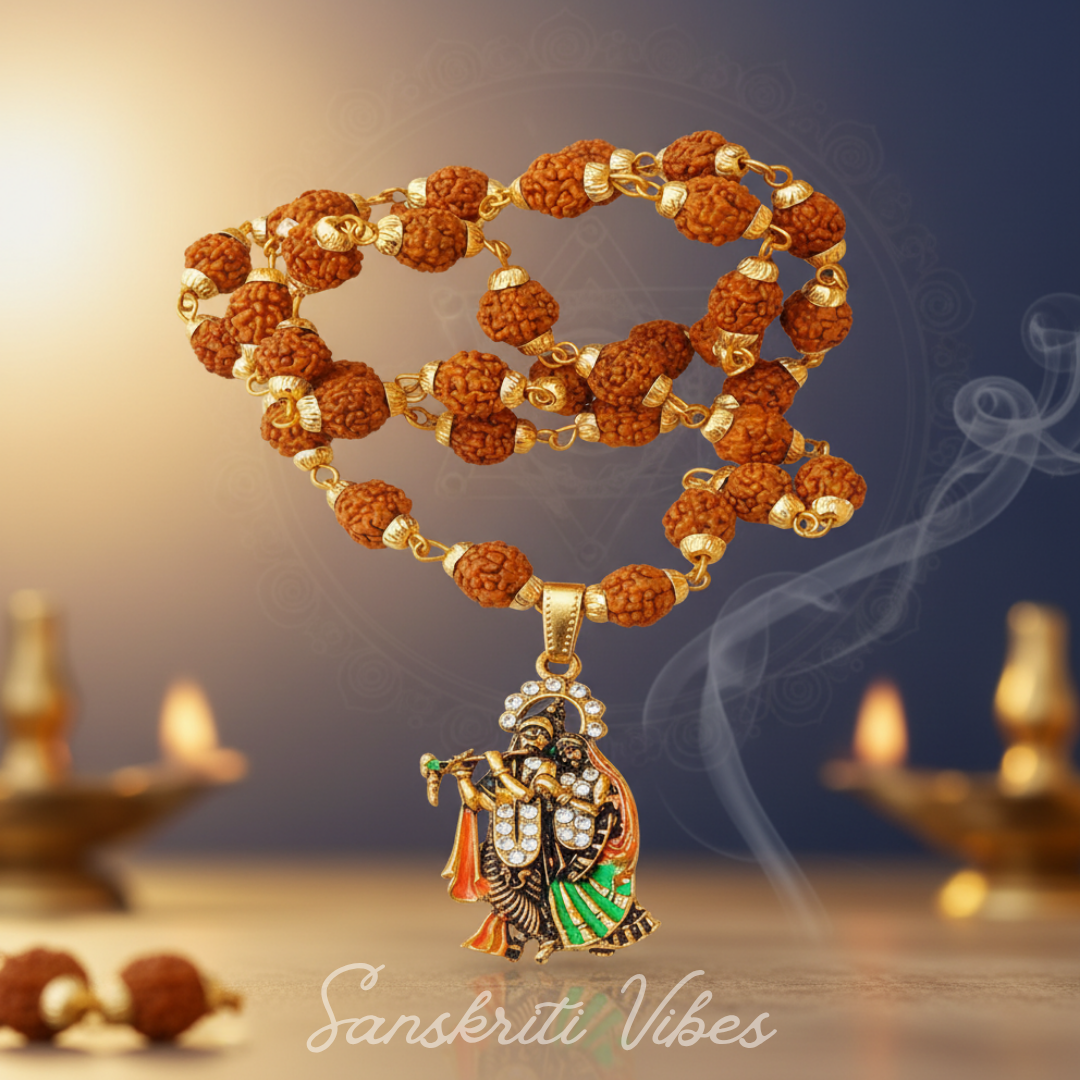 Shri Radha Krishna Pendant with Shiv Rudraksha Chain Spiritual Necklace for Men and Women - Retail Maharaj