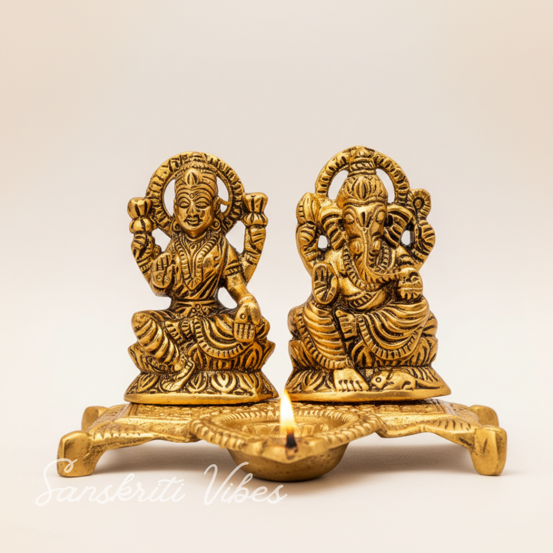 Metal Laxmi Ganesh Statue/Murti for Pooja Room & Home Office Décor, Laxmi Ganesha Diya Idol for Diwali Gift - Retail Maharaj