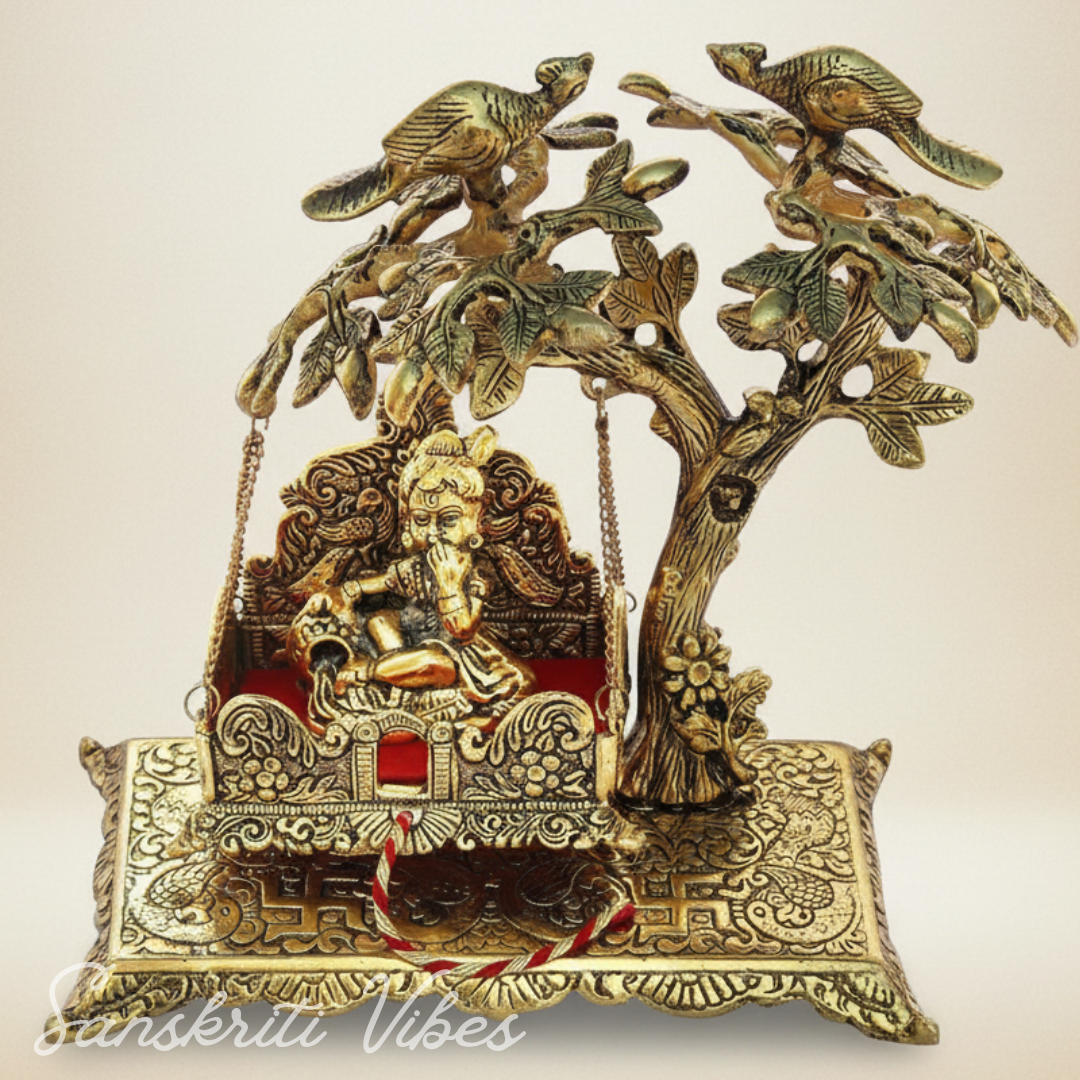 Gold Aluminium Krishna on Jhoola Hanging Under Tree | Metal Decorative Showpiece for Home, Puja Room & Gifting – 23 cm - Retail Maharaj