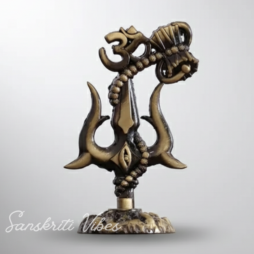 Metal Shiv Shakti Trishul with Damru Om Rudraksha Symbol Statue for Home Decor Puja Mandir Temple Vastu Spiritual Showpiece 9.5 cm - Retail Maharaj