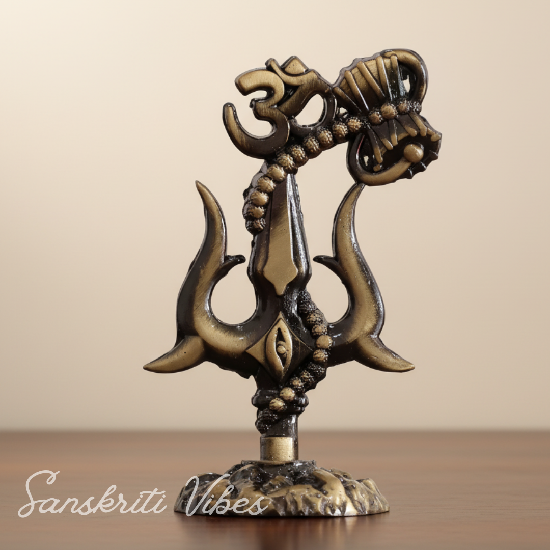 Metal Shiv Shakti Trishul with Damru Om Rudraksha Symbol Statue for Home Decor Puja Mandir Temple Vastu Spiritual Showpiece 9.5 cm - Retail Maharaj
