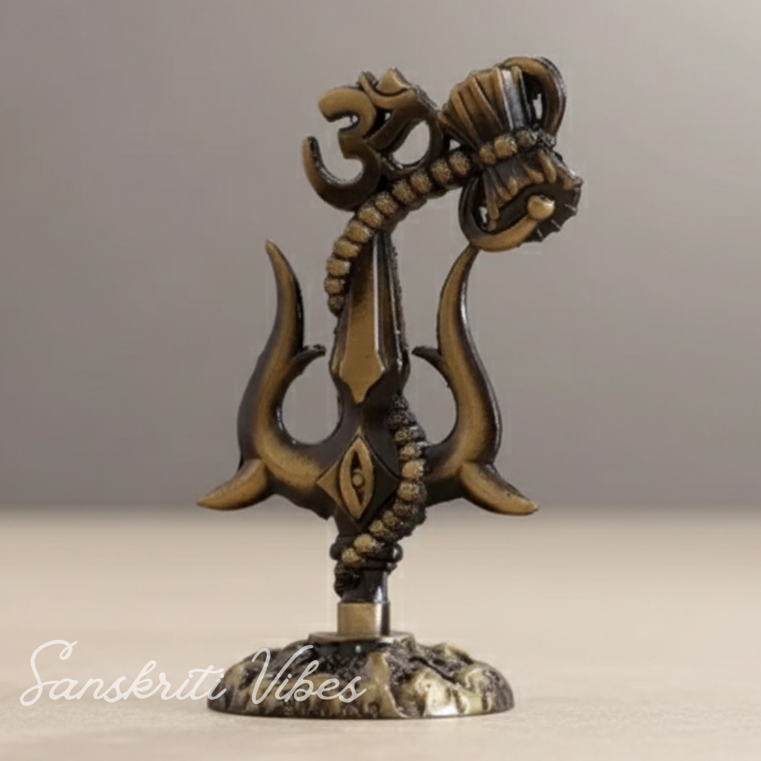 Metal Shiv Shakti Trishul with Damru Om Rudraksha Symbol Statue for Home Decor Puja Mandir Temple Vastu Spiritual Showpiece 9.5 cm - Retail Maharaj