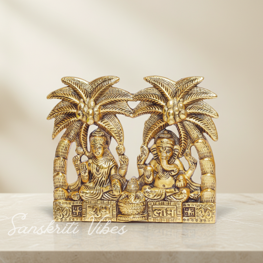 Metal Laxmi Ganesha Statue Under Tree Unique And One Of A Kind Rare Handcrafted For Pooja Decor Your Home - Retail Maharaj