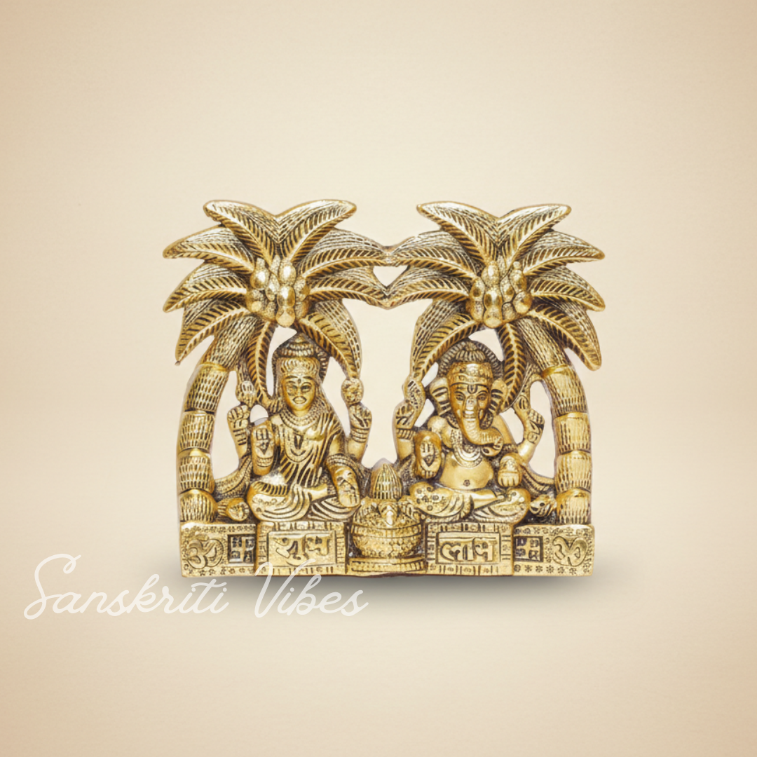 Metal Laxmi Ganesha Statue Under Tree Unique And One Of A Kind Rare Handcrafted For Pooja Decor Your Home - Retail Maharaj