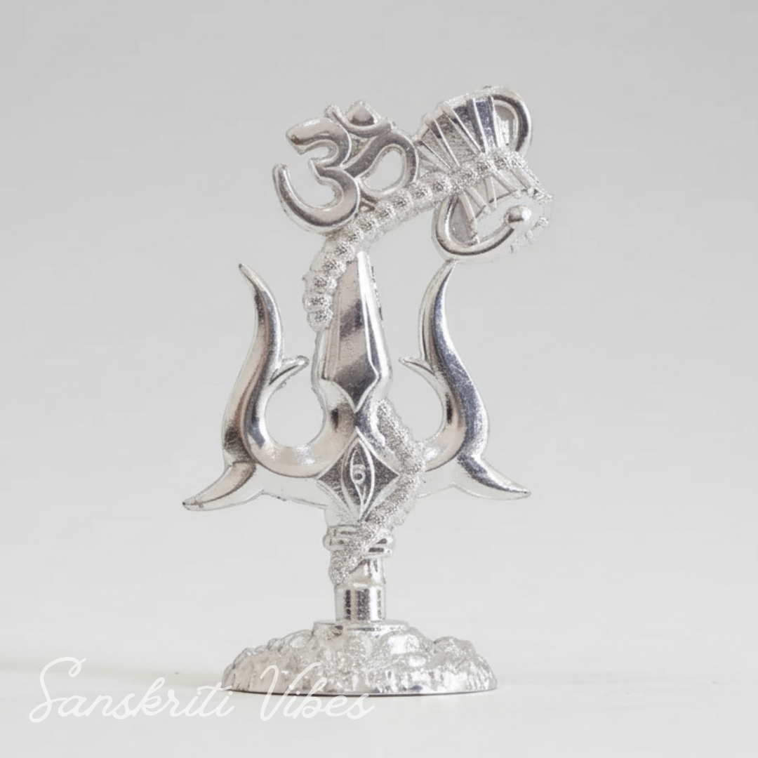Metal Shiv Shakti Om Trishul Damru Rudraksha Symbol Idol Statue for Home Decor Mandir Puja Meditation Vastu Showpiece Antique Silver Finish 9.5 cm - Retail Maharaj
