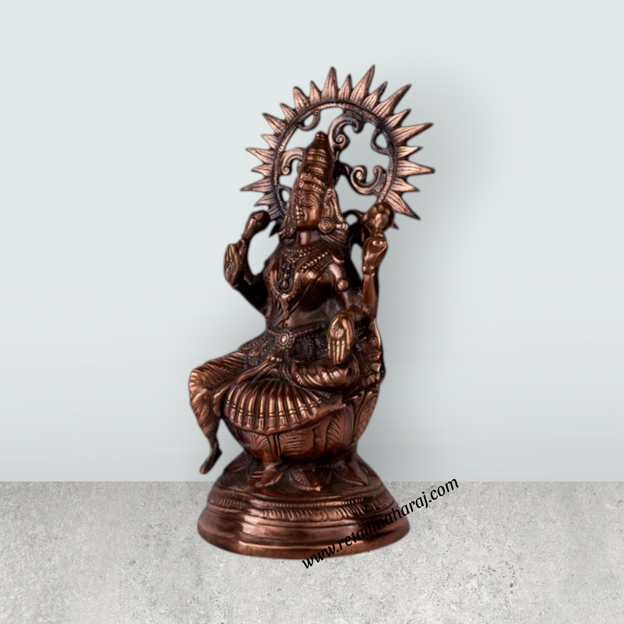 Lakshmi Idol Sitting On Base - 16 x 6 Inches | Copper Oxidised Laxmi Idol/ Laxmi Murti for Worship & Pooja - Retail Maharaj