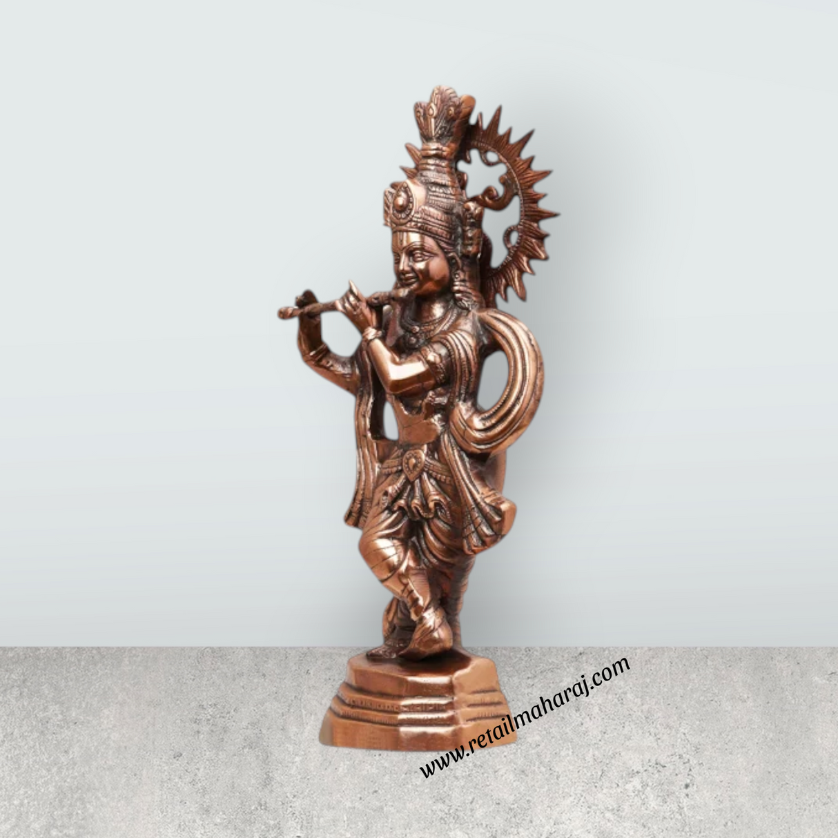 Krishna Murti Standing On Base - 22 x 11 Inches | Copper Oxidised Standing Krishna Idol for Pooja - Retail Maharaj