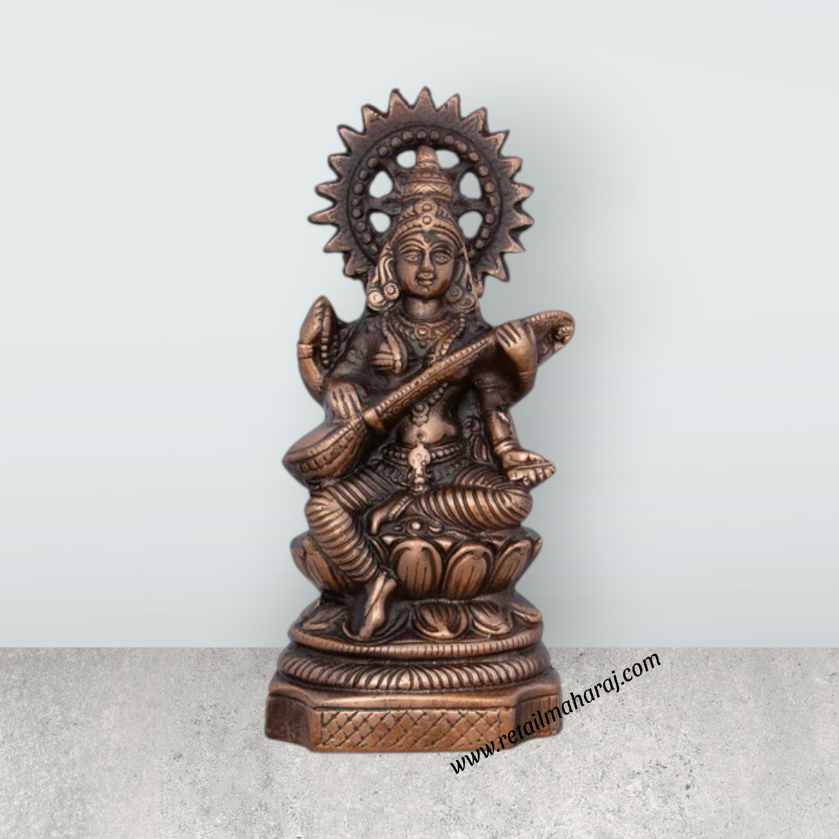 Saraswati Murti - 9.5 x 4.5 Inches | Copper Oxidised Saraswati Idol/ Saraswati Moorti for Pooja/ 470 Gms Approx - Retail Maharaj